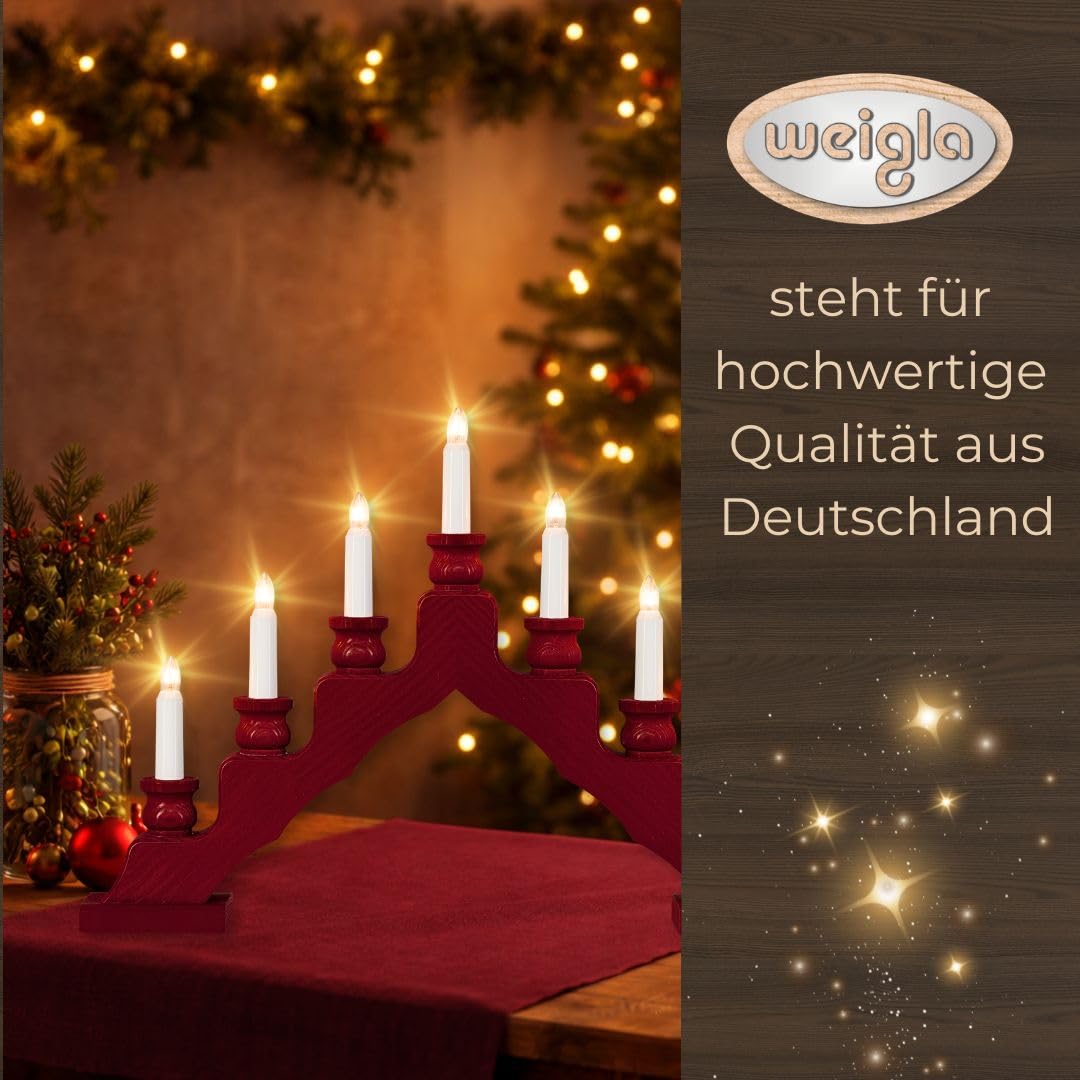weigla - Schwedenleuchter original Erzgebirge I Trendiger Schwede BORDEAUX I Schwibbogen Weihnachten I 7 Lampenkerzen + 1 Ersatzlampe I 7 x 34 V, 3 W, E10 I Weihnachtsdeko innen I Kiefernholz