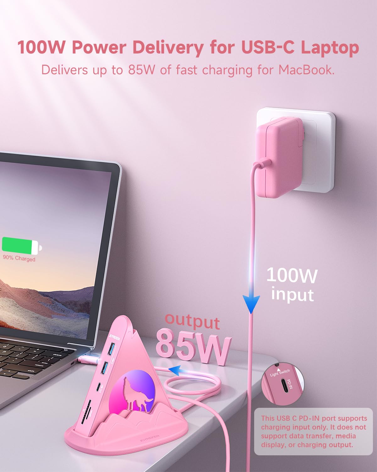 Hub USB C, adaptador multipuerto tipo C 8 en 1 rosa con HDMI 4K a 30Hz, 100W PD, 5Gbps 1xUSB-C, 3xUSB-A 3.0, ranuras SD/TF e iluminación RGB, hub USB rosa para MacBook Air/Pro, iPad, iMac