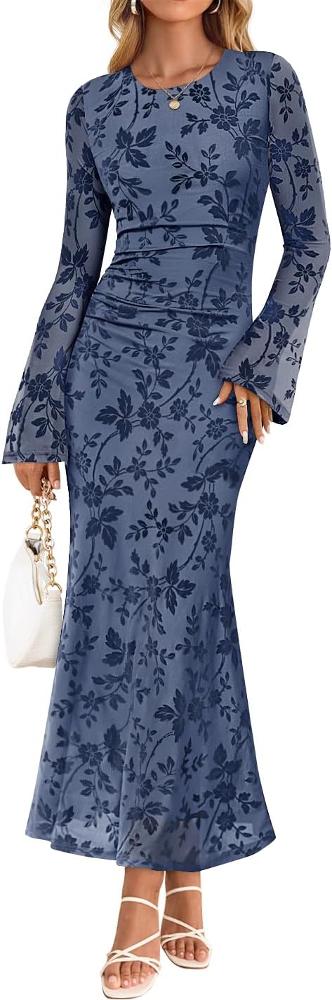 ZESICA Women's Long Sleeve Floral Bodycon Dress 2026 Fall Fashion Ruched Mesh Wedding Guest Cocktail Party Maxi Dresses