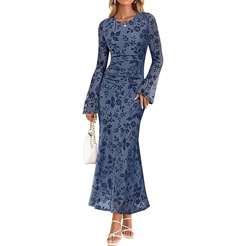 ZESICA Women's Long Sleeve Floral Bodycon Dress 2025 Fall Fashion Ruched Mesh Wedding Guest Cocktail Party Maxi Dresses