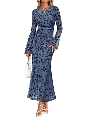 ZESICA Women's Long Sleeve Floral Bodycon Dress 2025 Fall Fashion Ruched Mesh Wedding Guest Cocktail Party Maxi Dresses