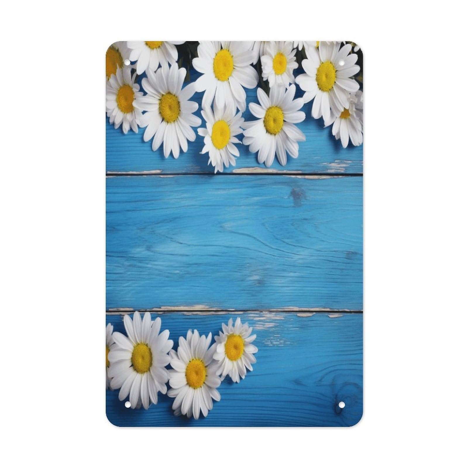 Btcowzrv Style Daisy Flowers Blue Wooden Metal Tin Sign Wall Decor Hanging Plaque