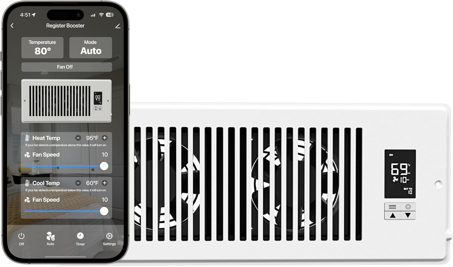 Quietcool Register Booster Fan for 4" x 12" Registers - Smart App Control - Quiet Vent Fan with Auto Thermostat - 10 Speeds