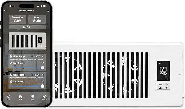Quietcool Register Booster Fan for 4" x 12" Registers - Smart App Control - Quiet Vent Fan with Auto Thermostat - 10 Speeds