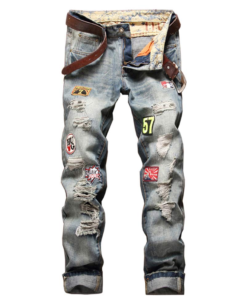 Youcai Men's Blue Distressed Ripped Jeans With Badge Embroidery Slim Fit Stretch Denim Biker Trouser(No Belt) 34W
