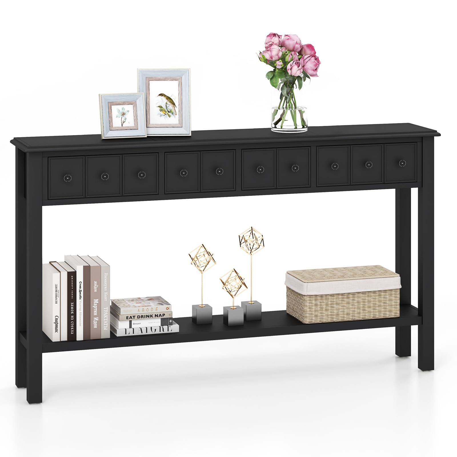 Narrow Console Table with Storage - 60" Long Sofa Side Table w/ 4 Drawers & Open Shelf, Solid Wood Legs, Rectangular Entry Table, Retro Entryway Table for Living Room Hallway, Foyer, Black