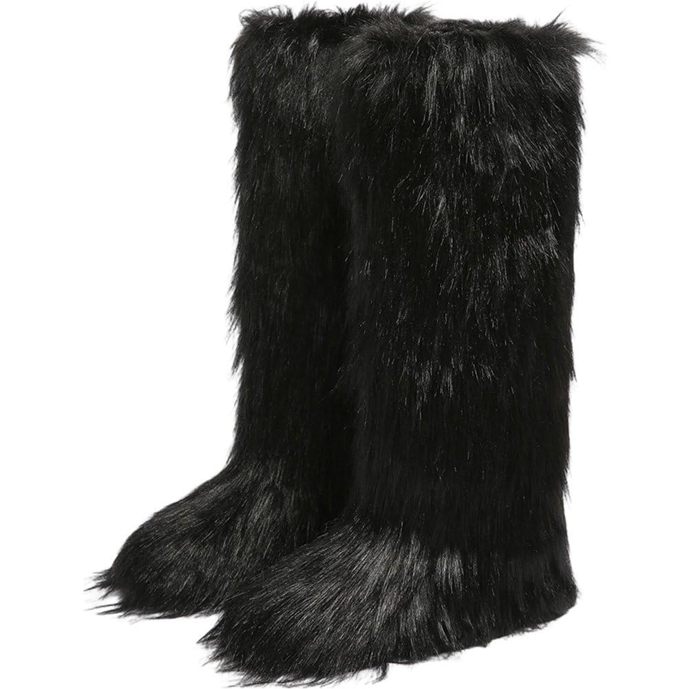 Ppmter Faux Fur Boots for Women Winter Knee High Tall Furry Boots Fuzzy Fluffy Snow Boots Winter Indoor Outdoors Furry Boots
