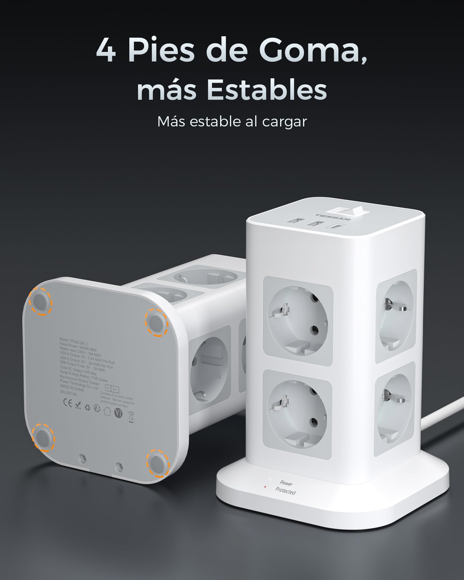 TESSAN Regleta Enchufes Multiple Proteccion Sobretension, Torre Enchufes Vertical 8 Tomas con 1 USB C, Alargador 2M, Regleta USB con Interruptor para Casa, Oficina, 3600W, Gris — view 8