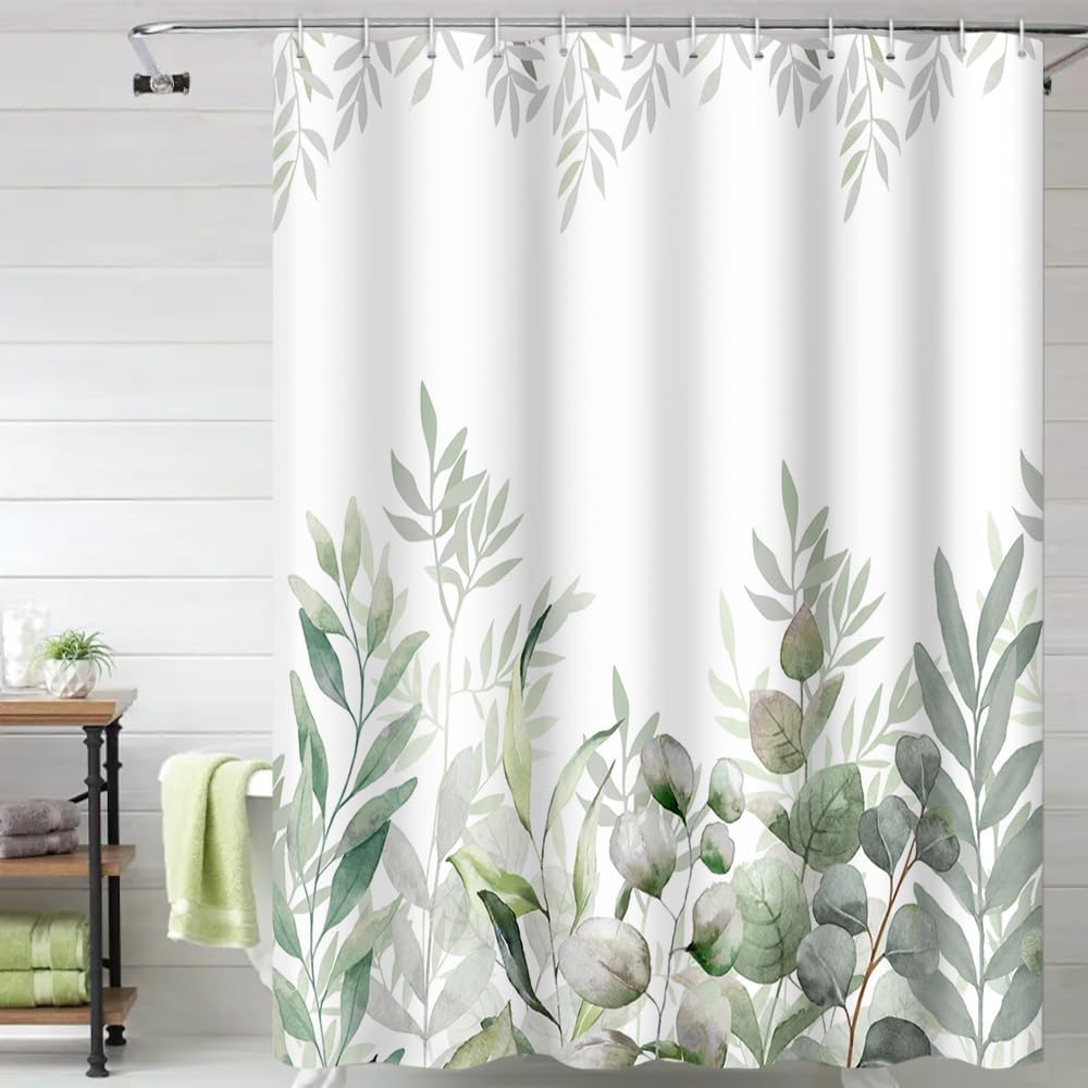 Sage Green Eucalyptus Leaves Shower Curtains 72x84 Inch Nature Botanical Leaf for Bathroom Decor Fabric Waterproof Polyester Bath Curtain Accessories Set with Hooks