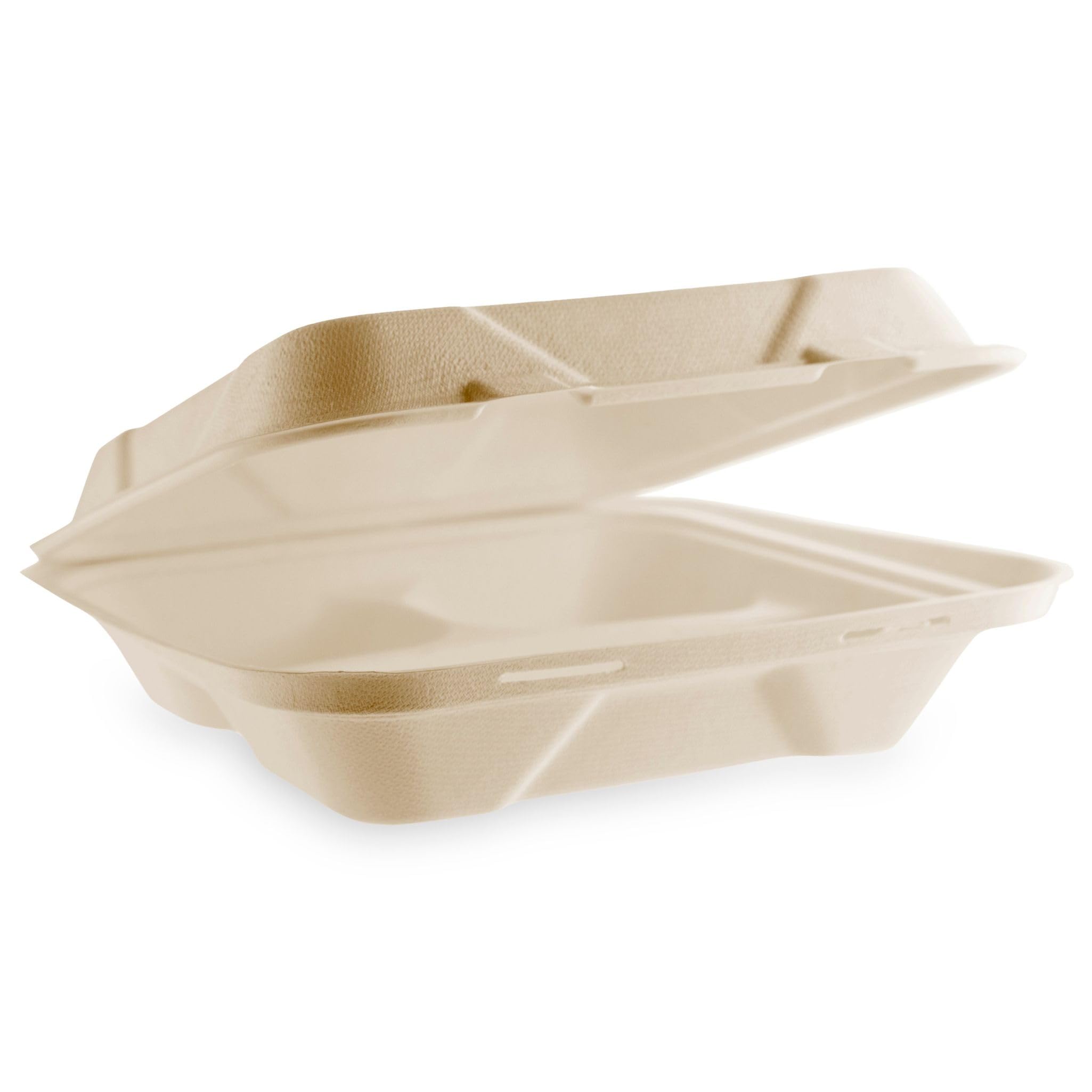 Compostable 9" Clamshell 3 Compartment To Go Containers, Case of 200, Reclaimed Natural Fiber, For Cold or Hot Food, Large Take Out Food Box, Tree-Free, Doesn't Trap Condensation