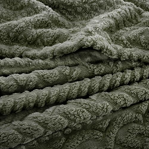Coastline Sherpa Throw Blanket,Cable Pattern Decorative Soft Cozy Blanket for Couch Sofa,Light Weight Fleece Warm Throw Blanket for Bed,Olive Sage Green,152 x 203 cm - Image 4