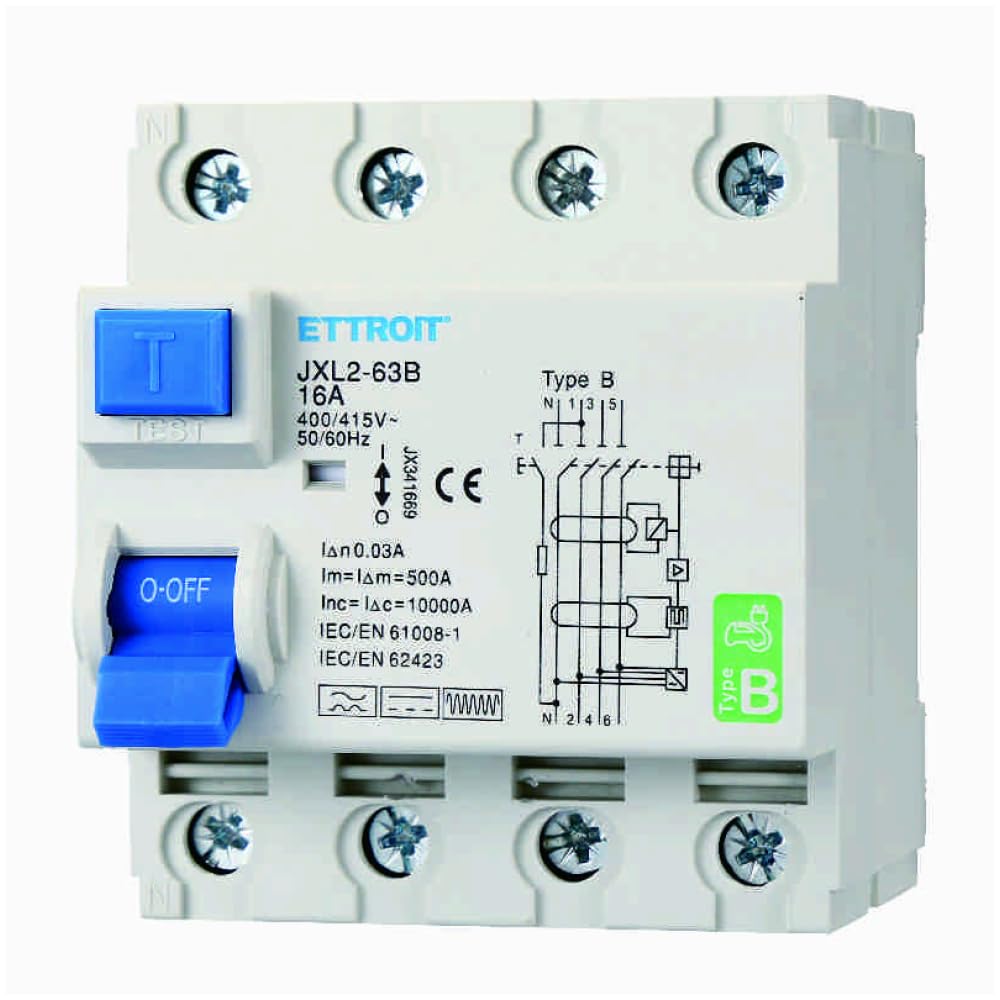 Interruttore magnetotermico differenziale puro 4P, 4 moduli, 380V AC/DC, 16A, 30mA, 6KA, curva B - Ettroit JX341669