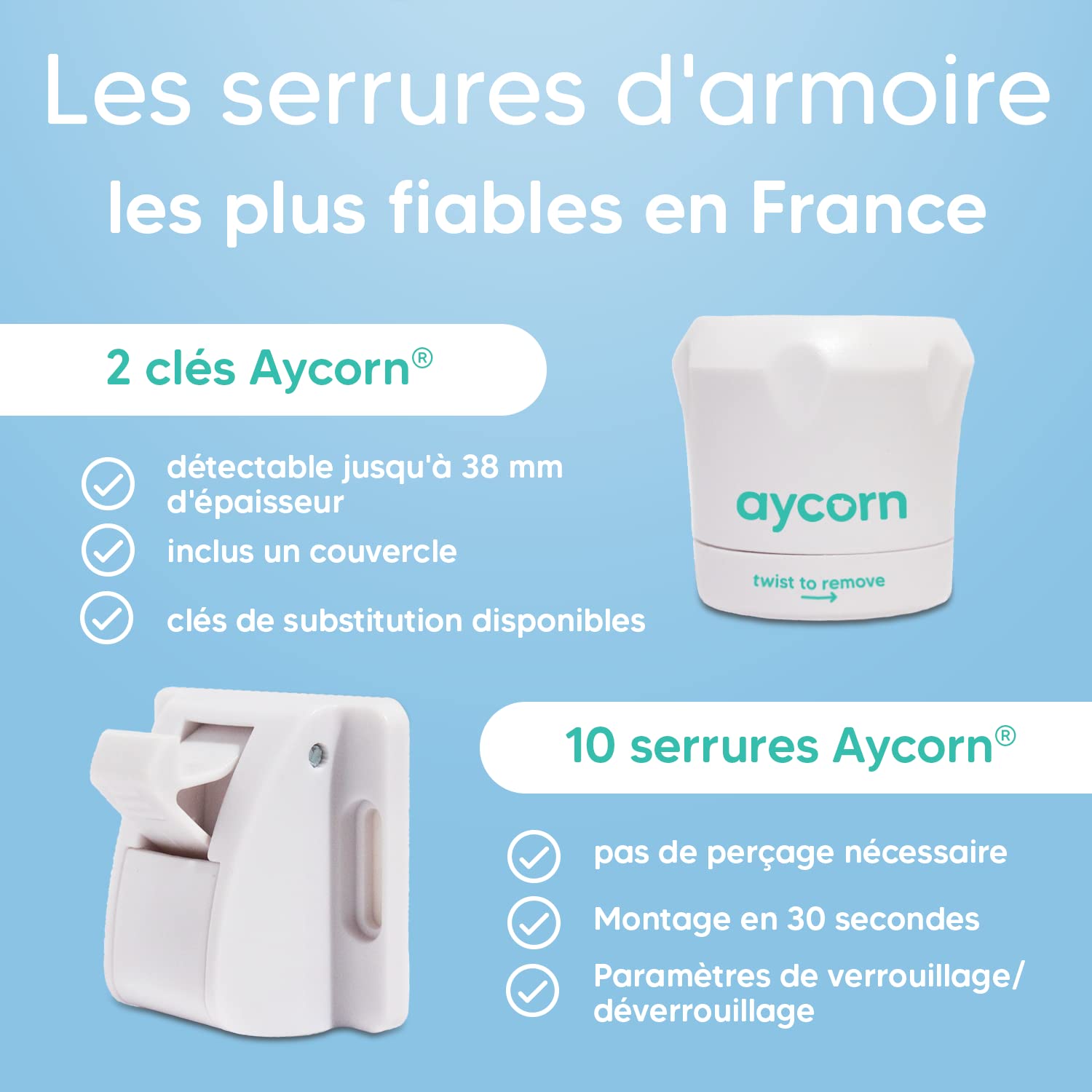 Aycorn Verrous Magnétiques de Sécurité pour Bébés et Enfants, 10 loquets aimantés et 2 clés, Bloque Porte Placard - Installation rapide et sans vis - Serrure invisible pour tiroirs, placards et portes