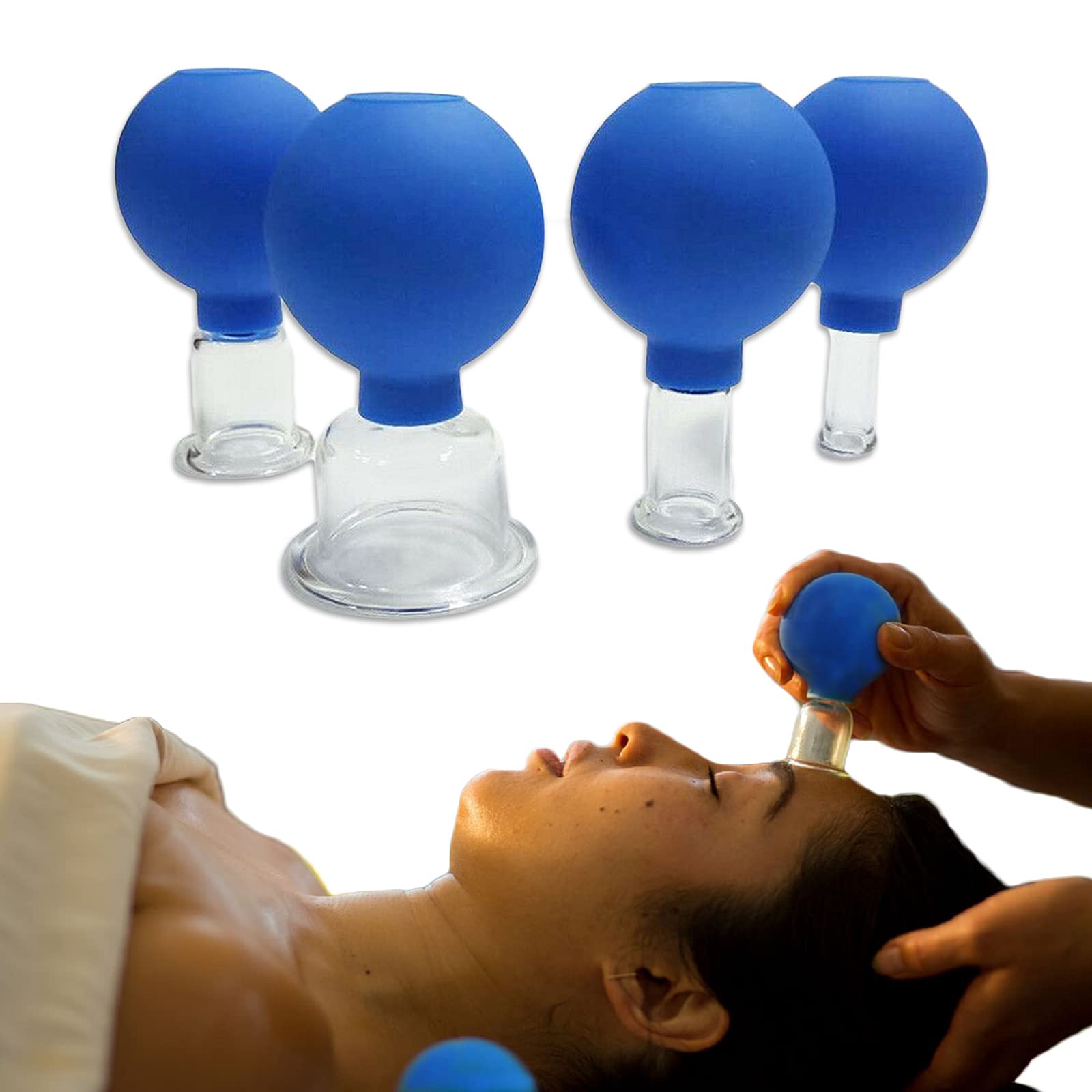 4 Size Facial Cupping Therapy Set Glass, Eye Face Vacuum Massage Anti Cellulite Cup, Silicone Cupping Cups Vacuum Suction Cupping Cups for Works for Fine Lines & Wrinkles, for Beauty (Blue)