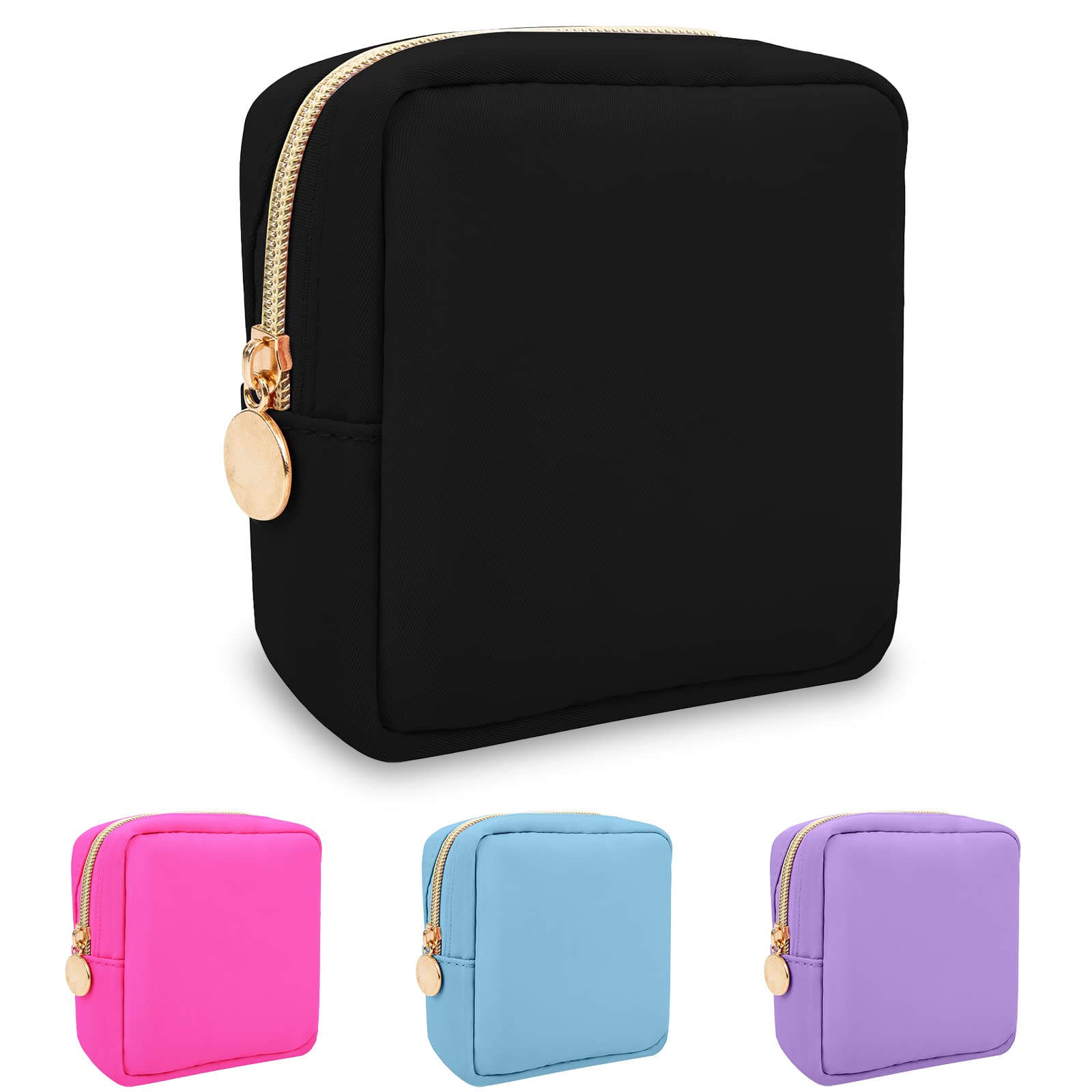 Nylon Mini Makeup Bag for Purse, Preppy Small Cute Black Makeup Bag Cosmetic Zipper Pouch Purse, Waterproof Travel Coin Pouch Sanitary Napkin Storage