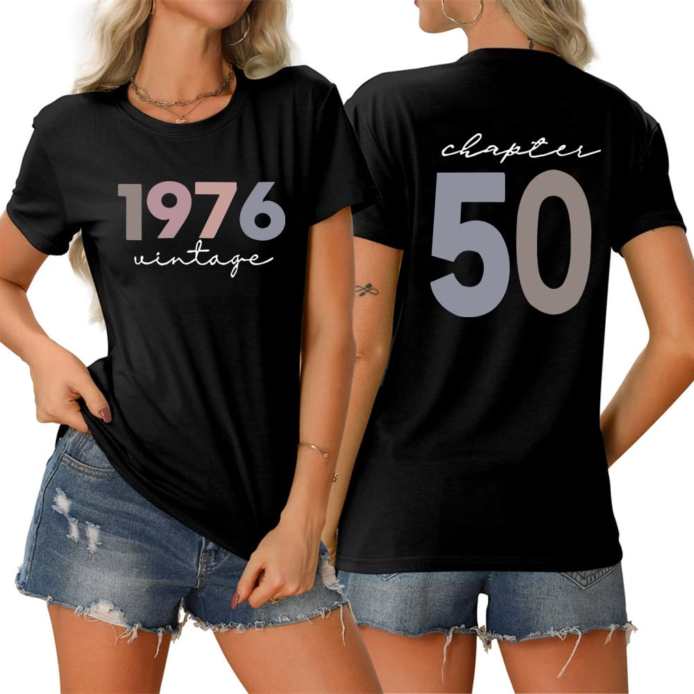 Vintage 1976 Women Shirts Back Printed 50 Chapter Tees Summer 50th Birthday Gift T-Shirt Born in 1976 Retro Tshirts (Black,M)