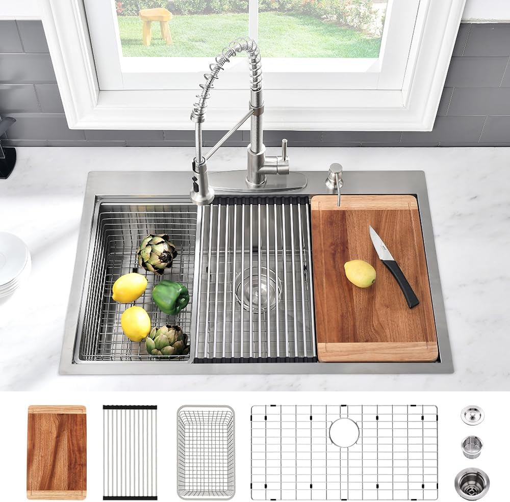 32 Inch Drop In Kitchen Sink Workstation-VASOYO 32x22 Kitchen Sink Drop In Topmount Workstation Kitchen Sink 16 Gauge Stainless Steel 10 Inch Deep Single Bowl Kitchen Sink with Cutting Board 32"L x 22"W x 10"D Stainless Steel-Workstation
