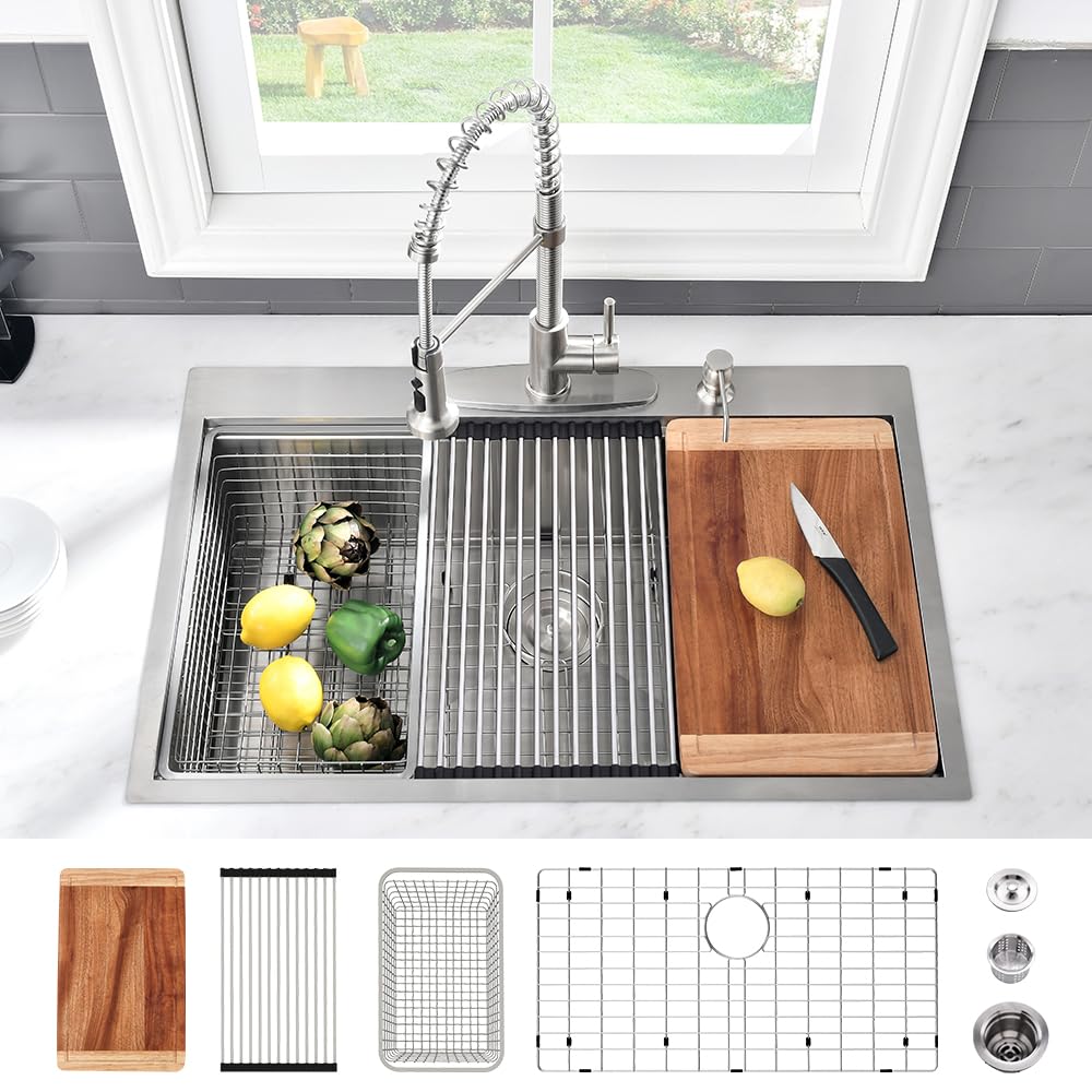 Photo 1 of 32 Inch Kitchen Sink Drop In Workstation-VASOYO 32x22 Stainless Steel Drop In Kitchen Sink Workstation 16 Gauge Single Bowl Deep Top Mount Sinks Stainless Sinks with Cutting Board