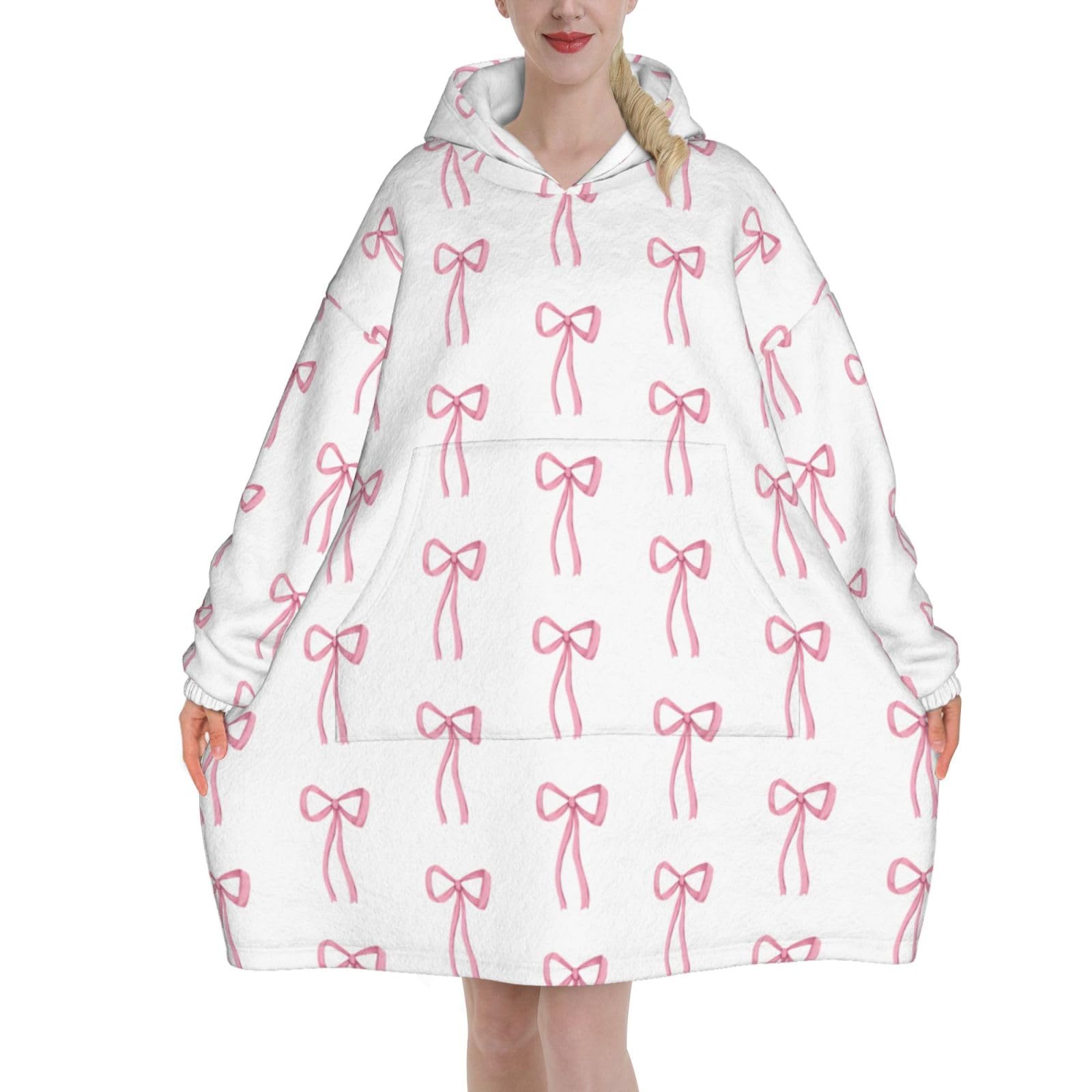 Little Bow Pink Wearable Blanket Hoodie, Oversized Cozy Warm Sherpa Hooded Blankets Sweatshirt For Women Men