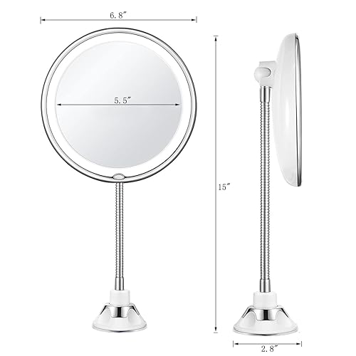 Miniatura 5 de JiBen Espejo de maquillaje flexible de cuello de cisne con luz LED 10X con ventosa de bloqueo de energía y giro de 360 grados, espejo portátil