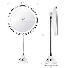 JiBen Flexible Gooseneck LED Lighted 10X Magnifying Makeup Mirror with Power Locking Suction Cup and 360 Degree Swivel, Portable Cordless Travel and Home Bathroom Vanity Mirror