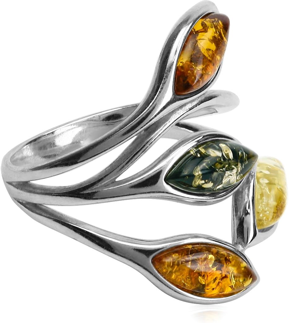 Ian and Valeri Co. Multicolor Baltic Amber Ring Sterling Silver Marquise Shape