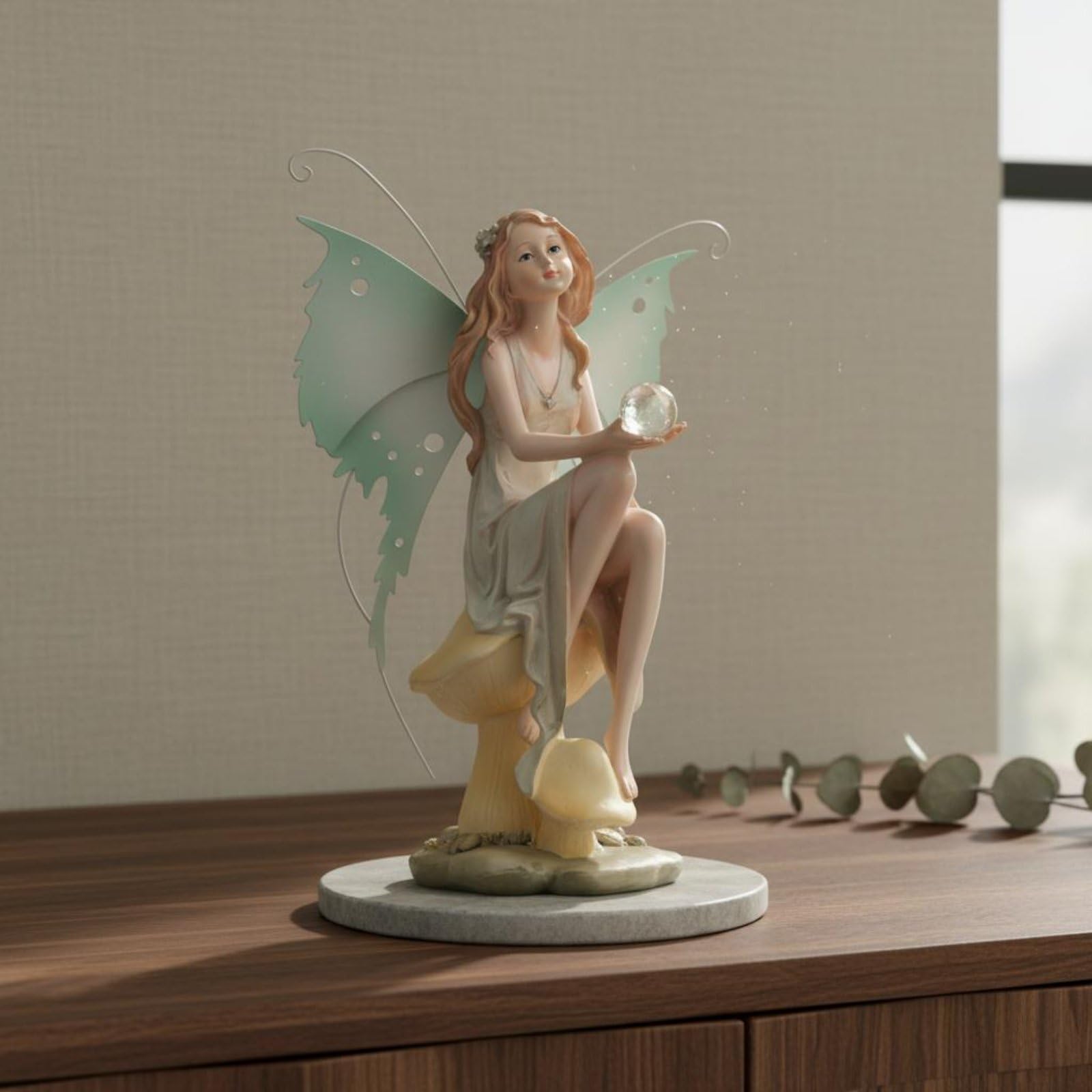 Ángel Figura Decorativa Estatua Hada Escultura de Jardín en Resina Sintética con Detalladas y Bola Cristalina Adecuado para Regalo Oficina Estudio Sala de Estar, Mirando Abajo