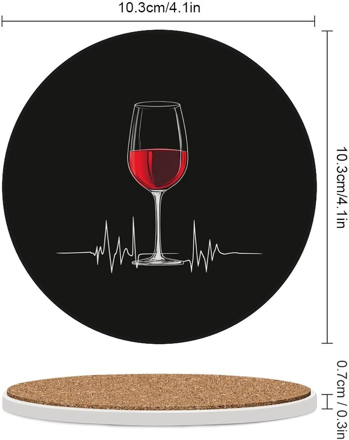 Wine Glass Heartbeat Coasters for Drink Round Ceramic Coaster with Cork Base Home Decorative 4PCS