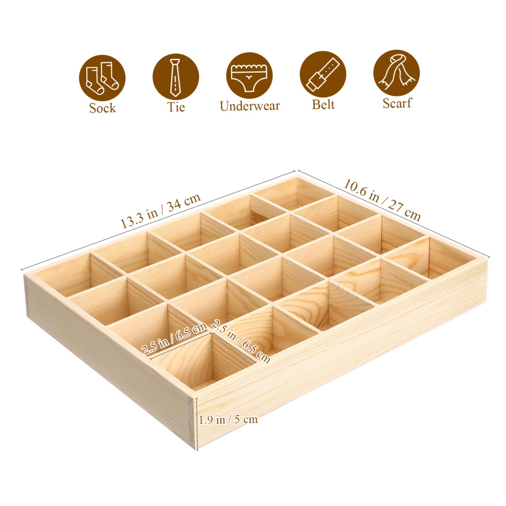 SOLUSTRE Organizador de Cajones de Madera de Pino para Ropa Interior y Calcetines Diseño Rectangular Simple 20 Compartimentos para Armario y Cajón