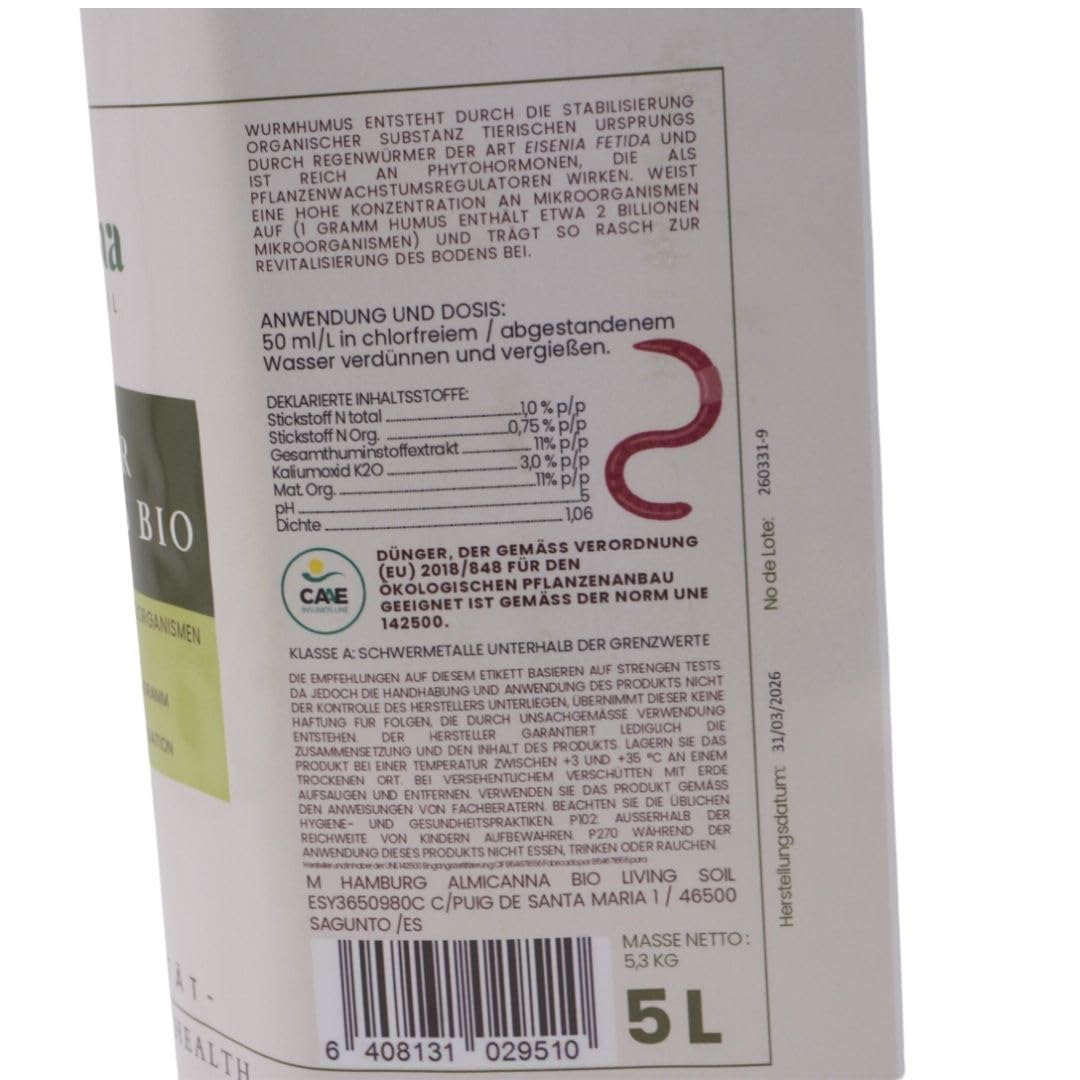FLÜSSIGER WURMHUMUS BIO 5L | Organische Substanz reich an Mikroorganismen - Regeneriert das Bodenleben - NK-Lösung mit Huminsäuren zur Fertigation
