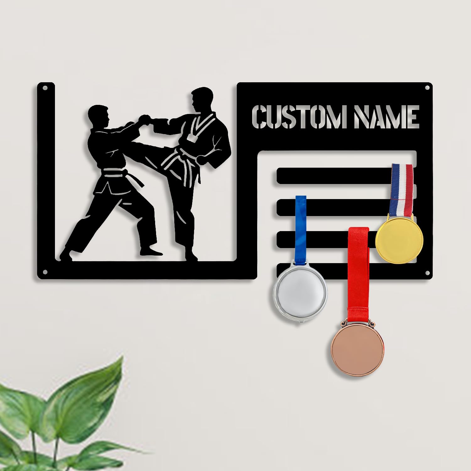 Condlin Personalized Taekwondo's Name Metal Medal Hanger Holder Display for Club Bedroom Living Room Hallway Custom Taekwondo Ribbon Display Rack Tiered Ribbon Award Hanger for Boy Men Dad Husband