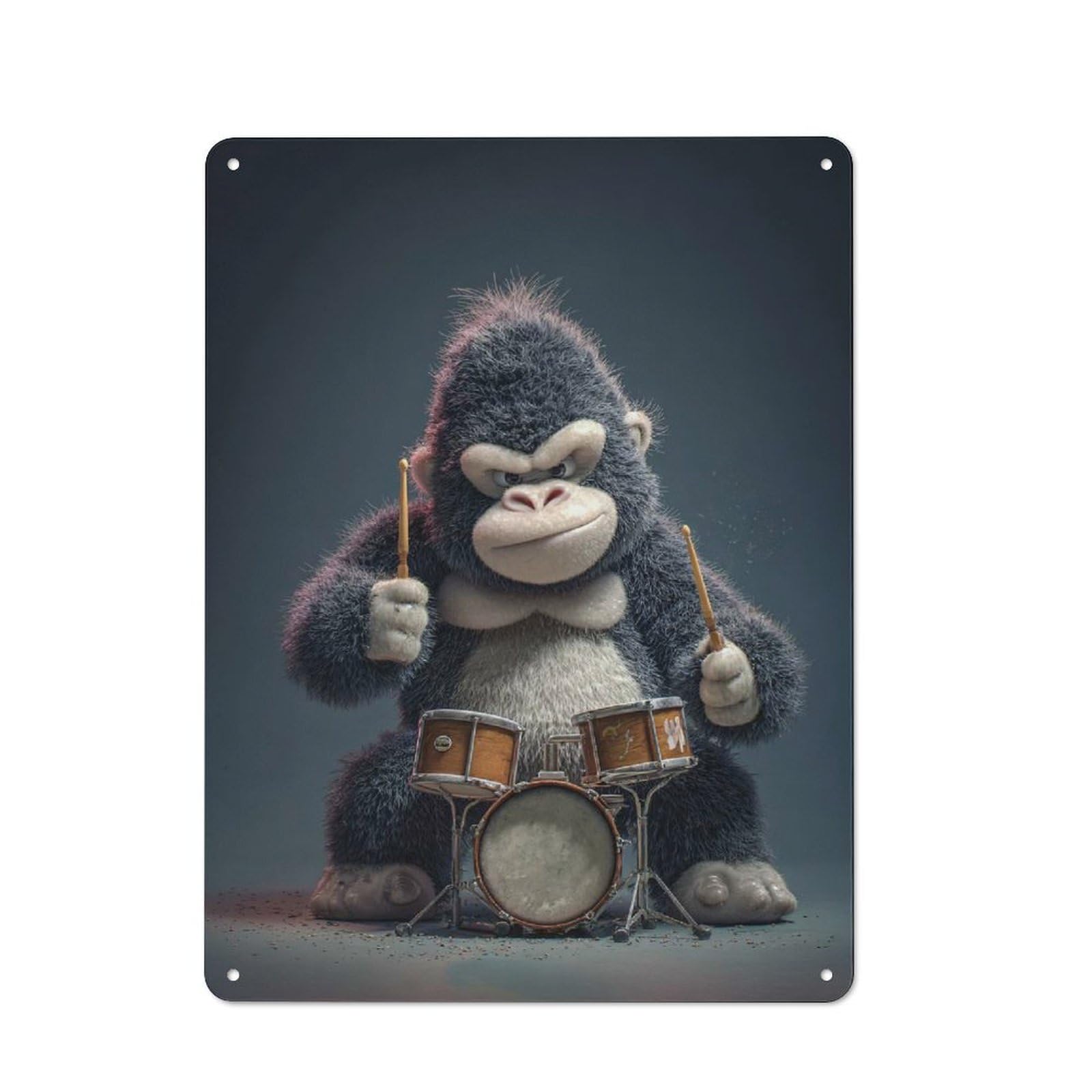 Nostalgic Cartoon Gorilla Playing Drums Decorative Tin Sign 40x30cm, Vintage Wall Decor for Lounge, Study, Pub Or Wall Gallery