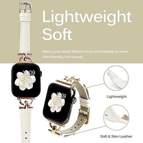 Miniatura 4 de Miimall Compatible con Apple Watch Band para mujer, cuero delgado tamaño ajustable hebilla de metal en forma de D correa de cuero de repuesto para