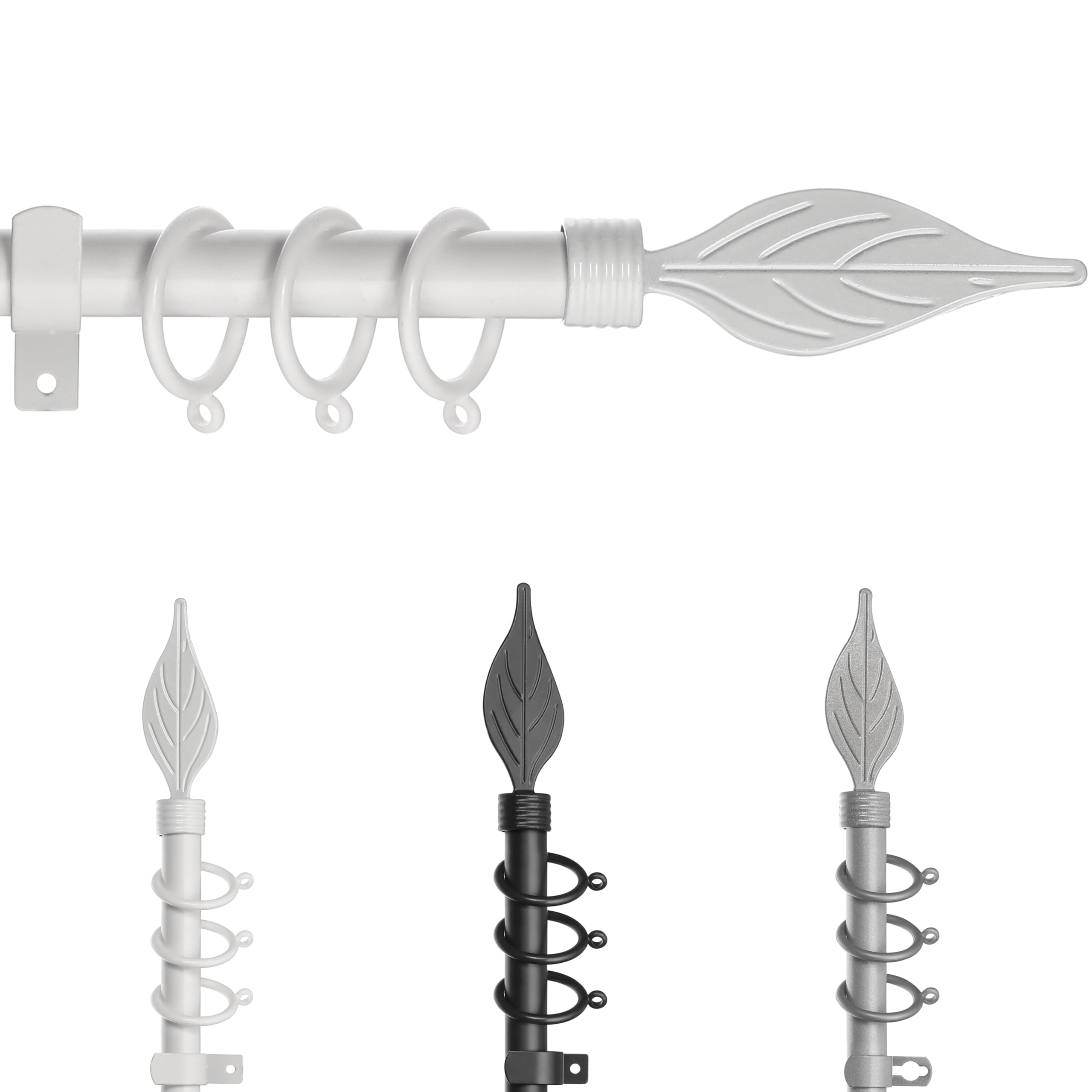 LEAF Curtain Poles for Window, Metal Extendable Curtain Poles Heavy Duty Curtain Rod Includes Finials, Rings, Brackets & Fittings Set (White, 120cm to 210cm)