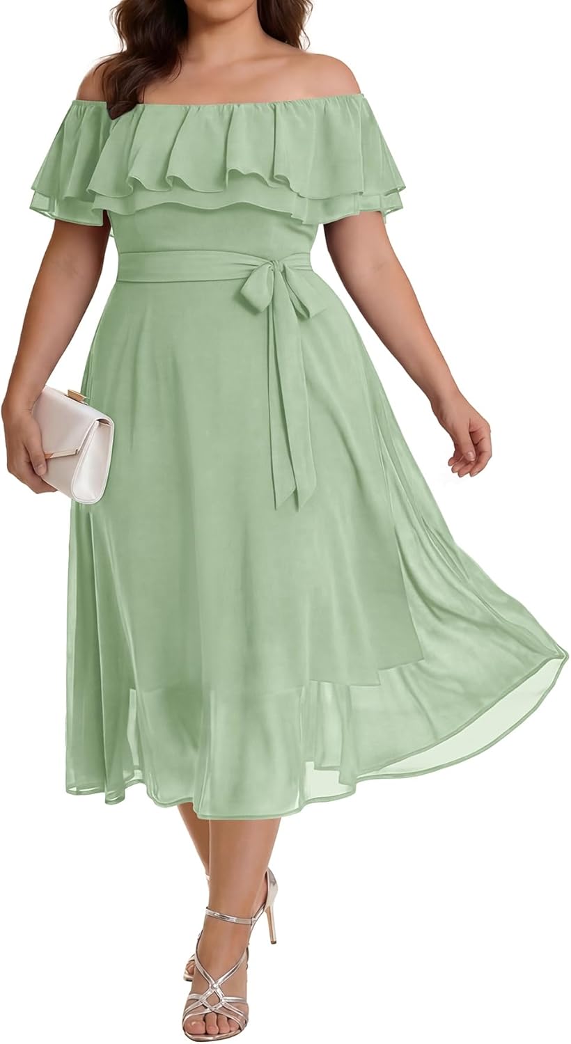 Talisea Plus Size Dresses Wedding Guest - Formal Ruffle Off The Shoulder Cocktail Chiffon A-Line Midi Dress Curvy Women