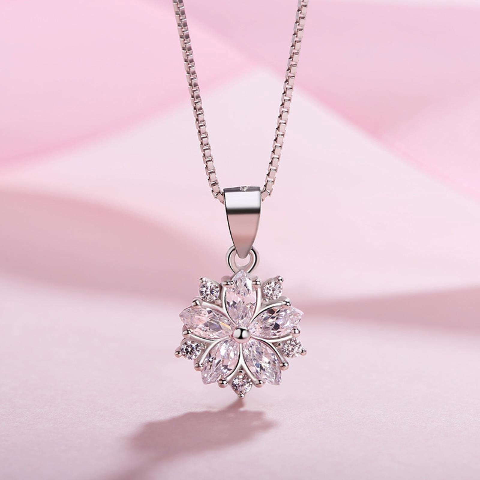 HCMA 925 Sterling Silver Delicate Pink Clear Cubic Zircon Crystal Cherry Blossom Pendant Necklace For Christmas Birthday Gifts