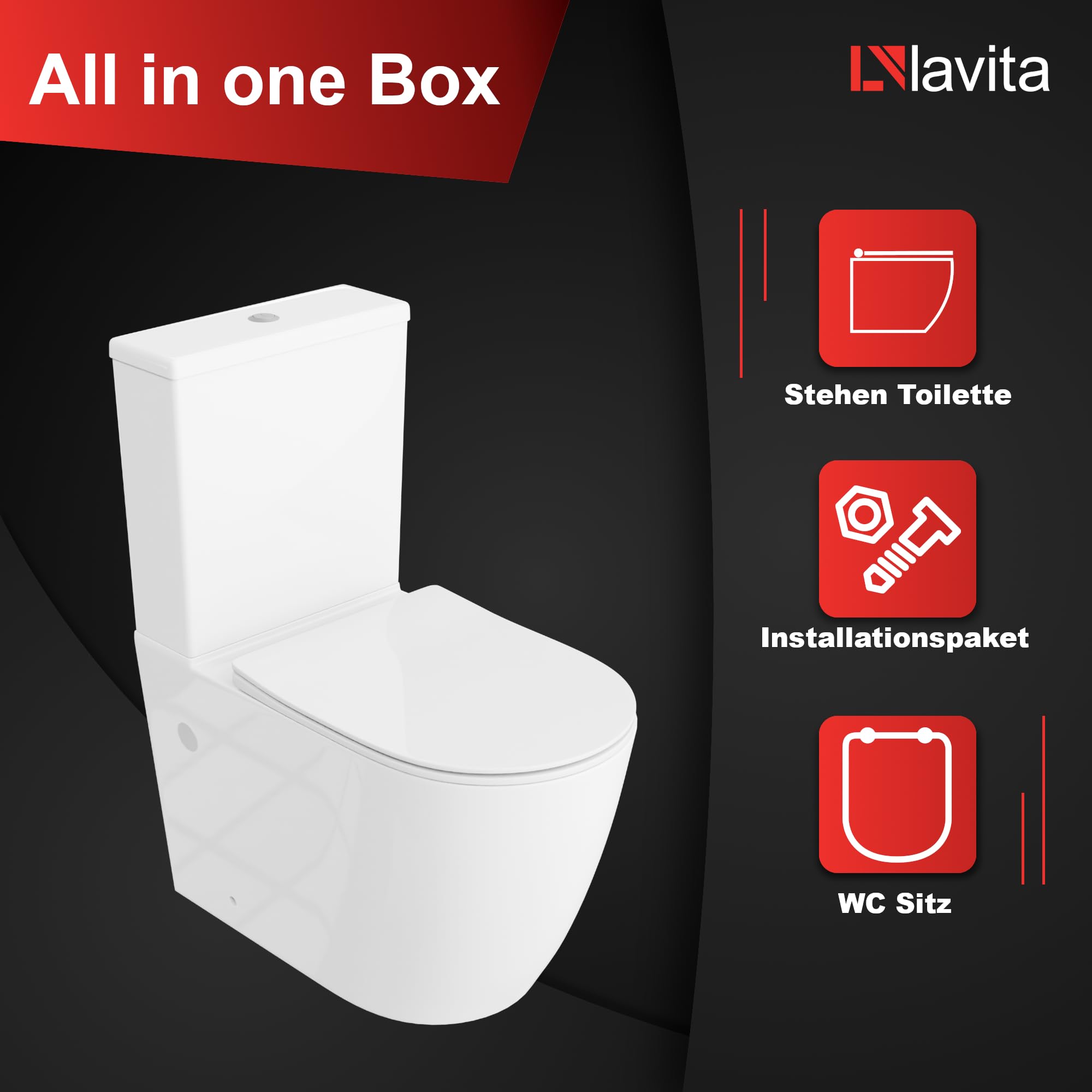 LAVITA WC monoblocco con cassetta di scarico integrata RUNSON WHITE | Set completo | Coperchio WC con chiusura ammortizzata | WC in ceramica senza brida | Vaso WC | Sistema di scarico TORNADO