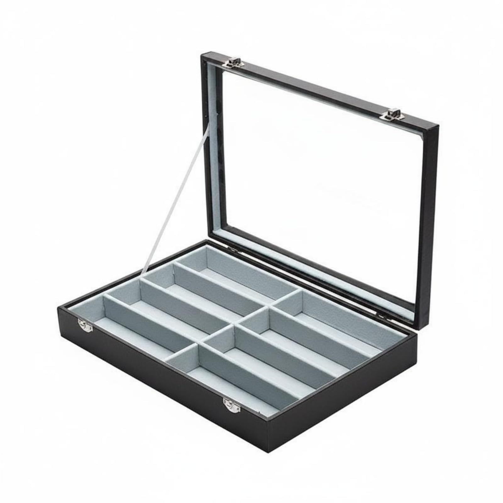 Brillenkoffer mit Deckel Sichtfenster 8-Fächer Brillenkoffer Kratzschutz Sonnenbrillen-Box für Sonnenbrillenträger, Schwarz, Schwarz Mit Grauem Innenraum