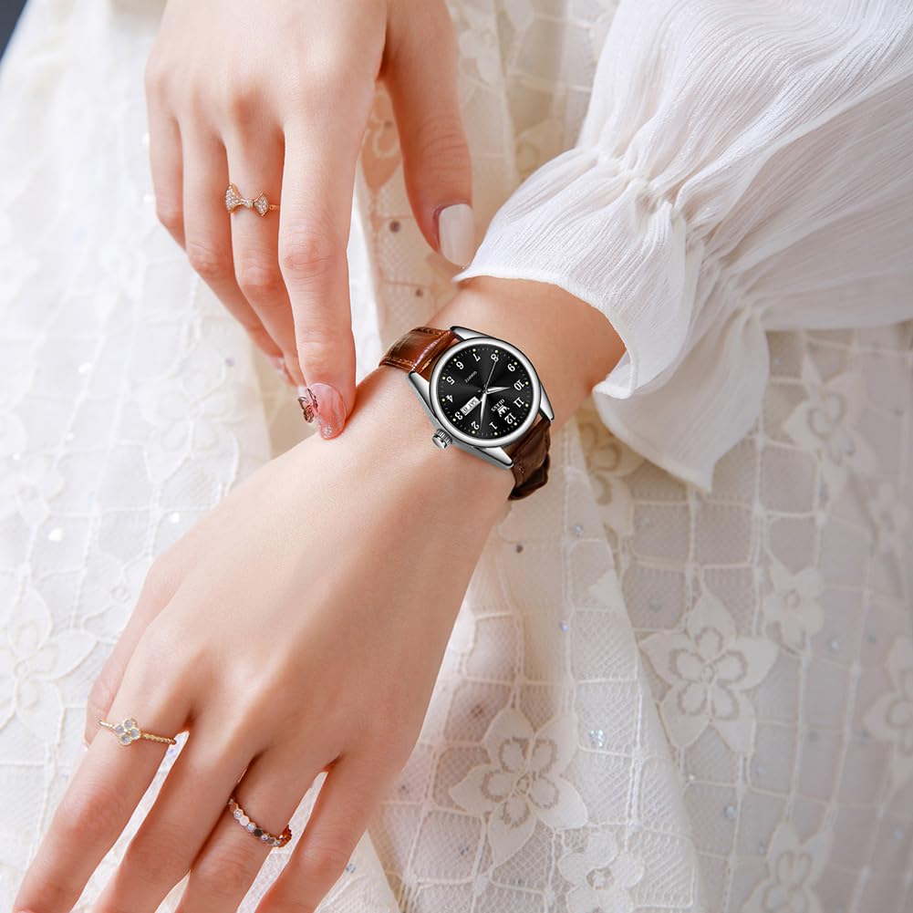 OLEVS Damen-Armbanduhr, Quarz, Lederband, Tag und Datum