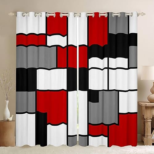 Cortinas cuadradas grises, negras, rojas, blancas, con cuadrícula geométrica para niños, niñas, adolescentes, cortinas de tratamiento de ventanas