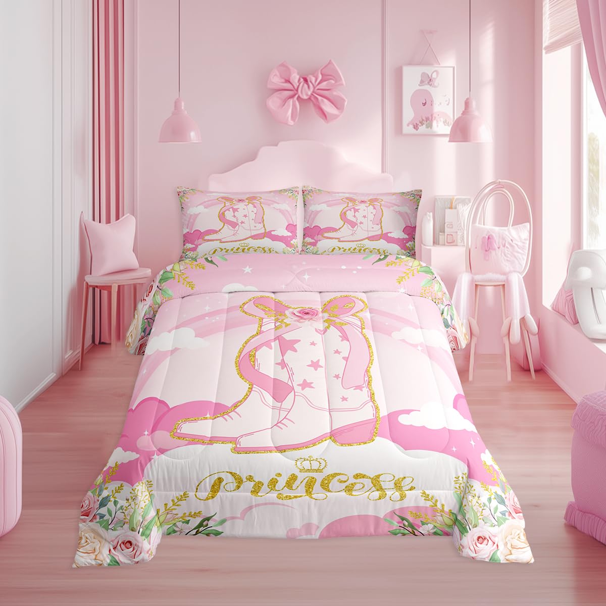 Manfei Cowgirl Boots Kids Full Comforter Sets,Western Pink Girly Reversible Bedding Set for Girls Children,Kawaii Girl Boots Bowknot 3 Pieces Quilt Sets,South West Pink Duvet Insert,2 Pillow Cases