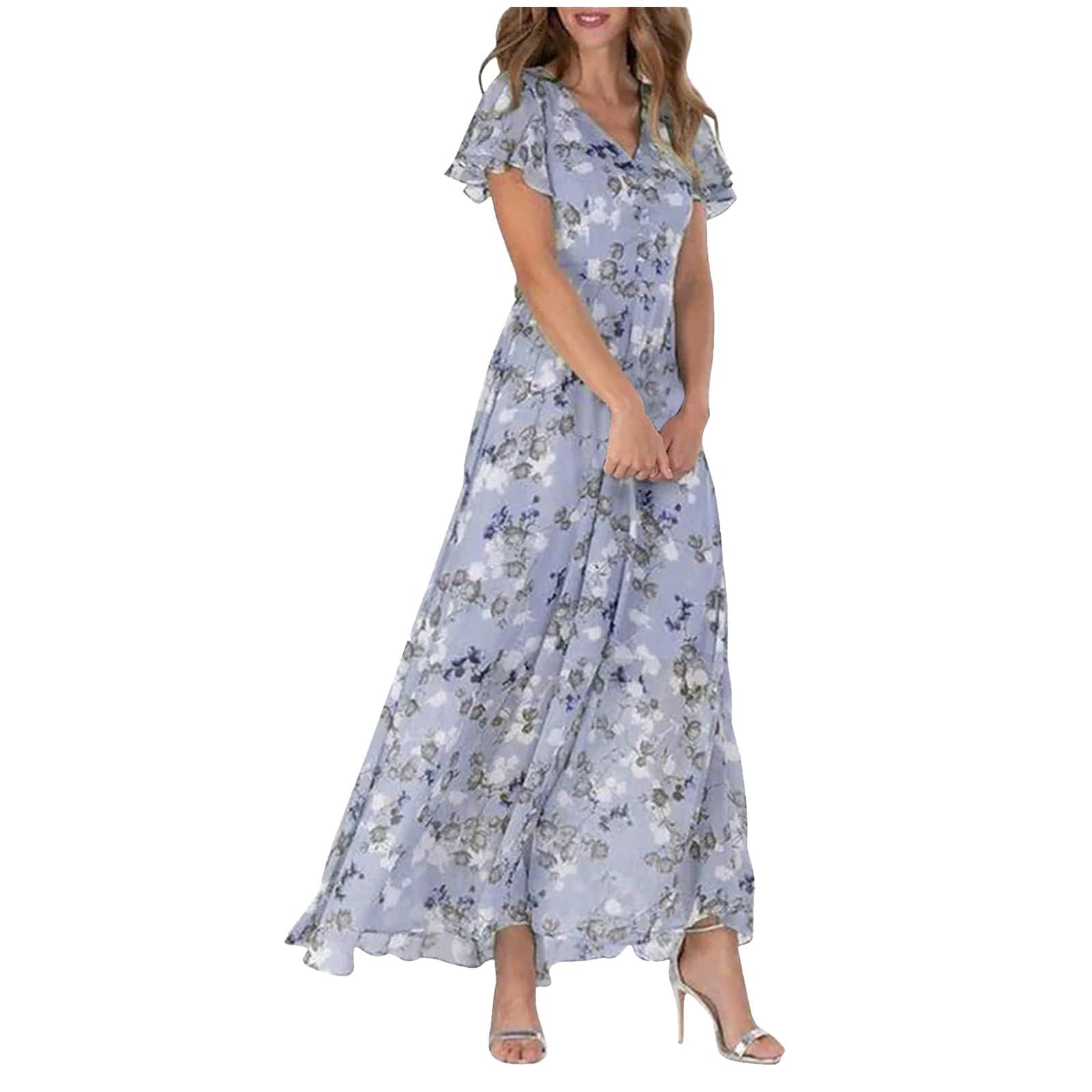 WILLBEST Women Casual Loose Fit Boho Print Dress Tie Belt Short Sleeve Maxi Long 2024 Summer Flare Sundress