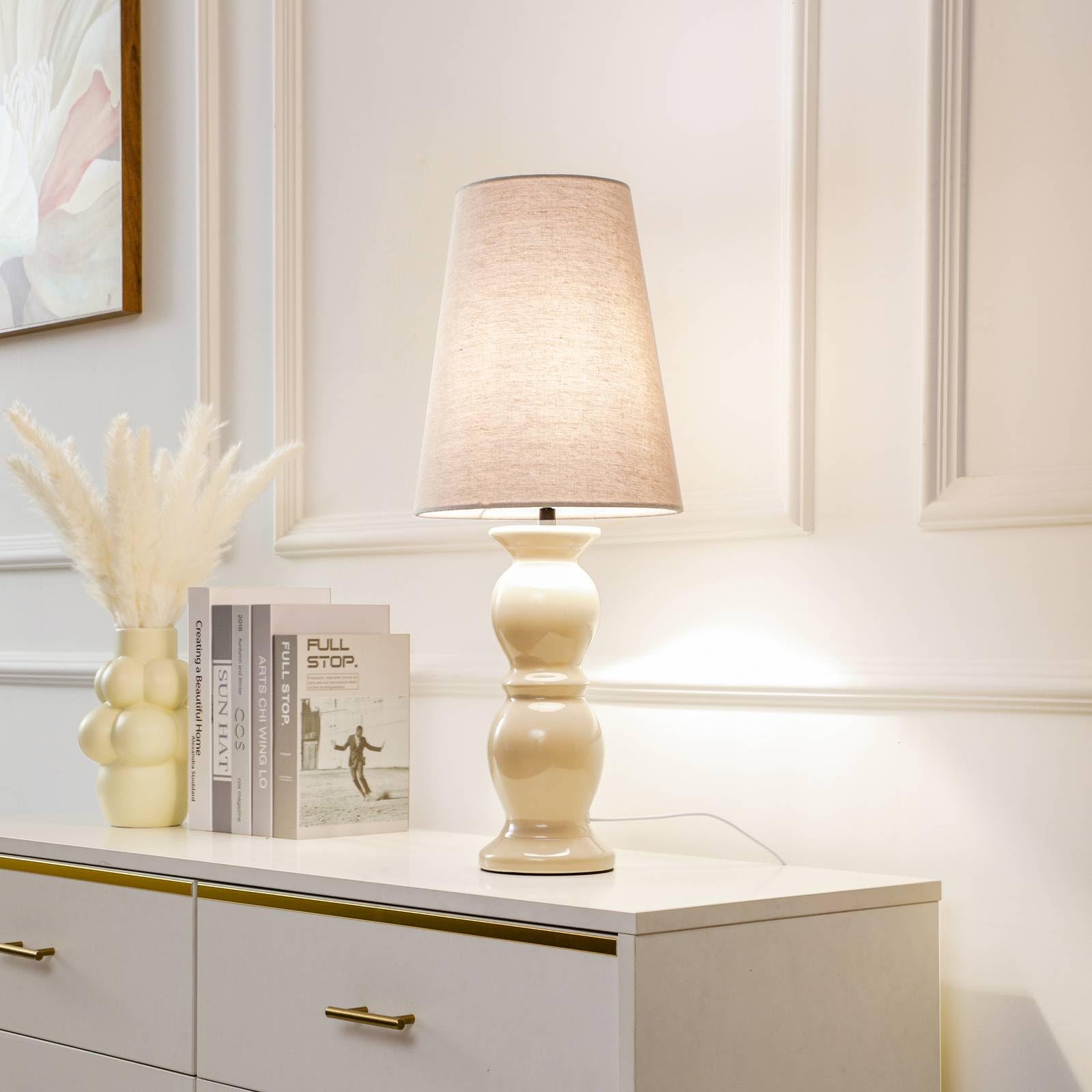 Lucande Lampe à poser Lyndorin (Moderne) en Beige Céramique e. a. pour Salon & Salle manger (1 lampe,à E27),