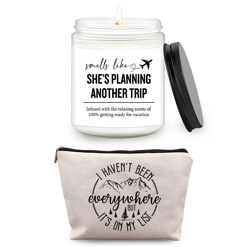 Regalos de viaje para mujeres – Vela perfumada y bolsa de maquillaje | Regalo único para mujeres, aromaterapia relajante, elegante bolsa de cosméticos para viajeros (viajes)