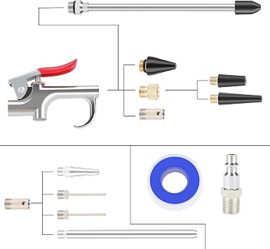 Air blow Gun Kit, 2PCS Air Flow Extensions, 4PCS Nozzle Tip, 13PCS Air Compressor Accessories Kit
