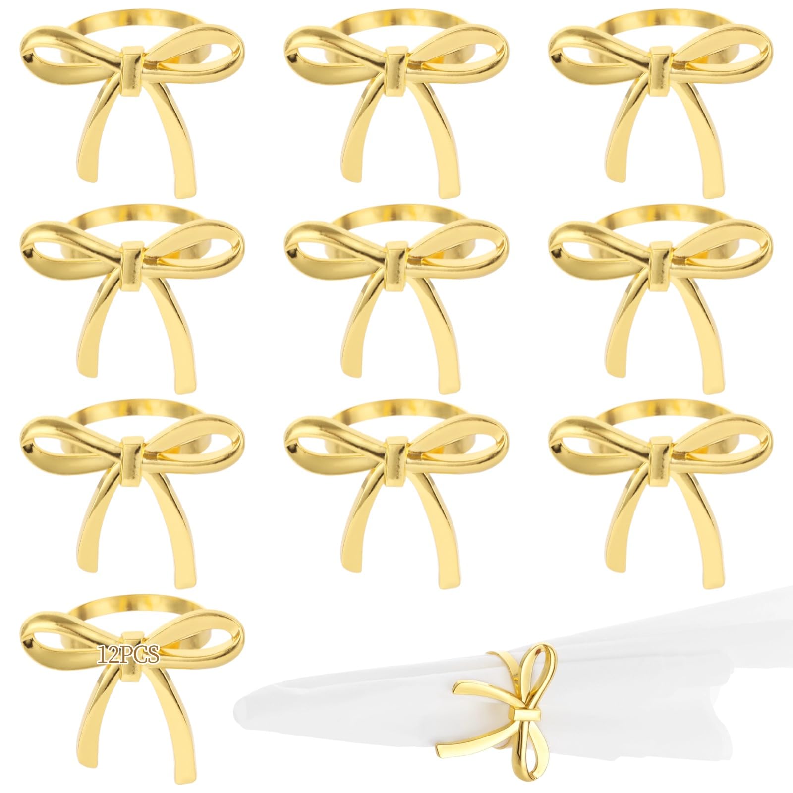 Lot de 12 Ronds de Serviette nœud doré, Alliage de Zinc, Design nœud élégant de 5,8 cm, Finition dorée Brillante, pour Mariages, fêtes et décoration de Table