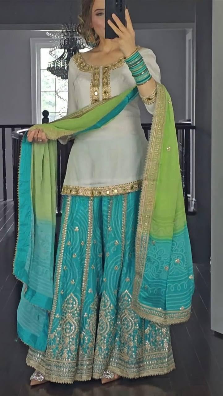 Zoura Women's Cotton blend Embroidery Zari work Salwar Suit With Round Neck And 3/4 Sleeve with Dupatta & Sharara