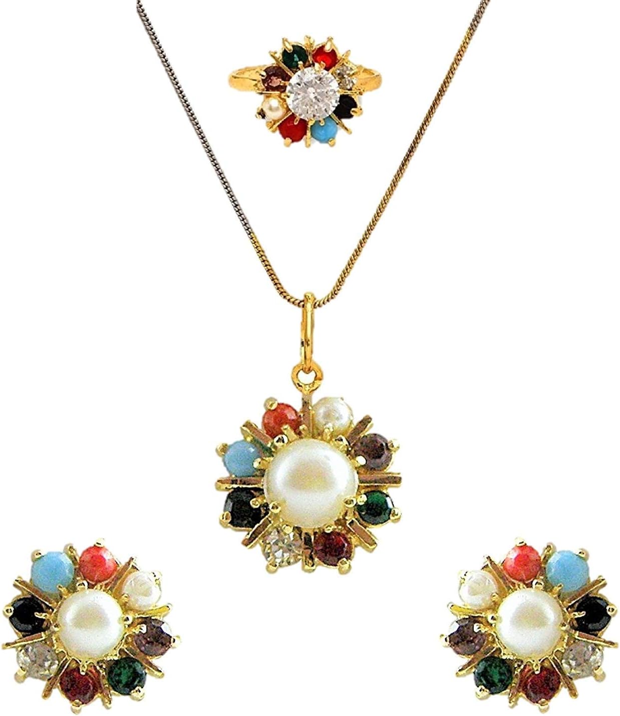 Navratan Gold Plated Pendant Necklace Set with Earrings, Ring, Chain for Women(Multicolour)