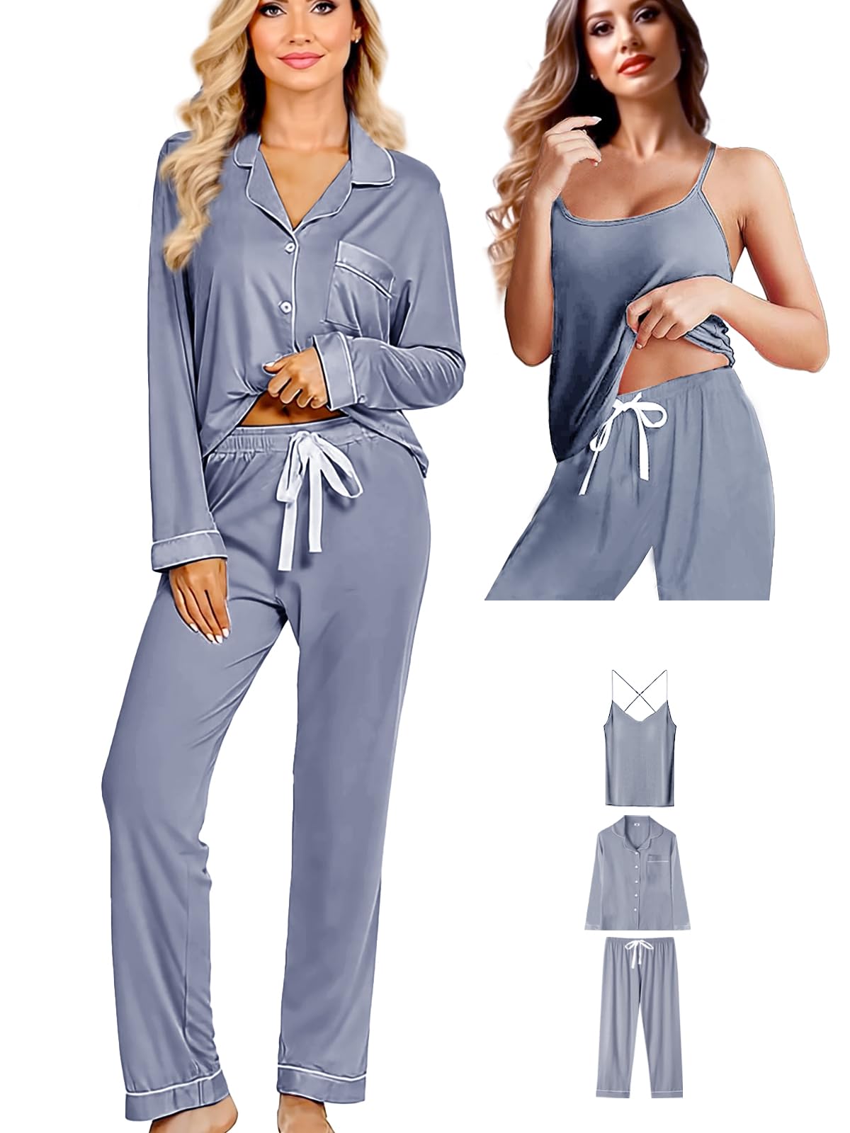 WJing Yi Jia 3Pcs Knit Pajamas Set For Women XS-4XL Womens Soft Pajama Sets Sexy Cami Pj Sets Sleepwear Loungewear Nightwear