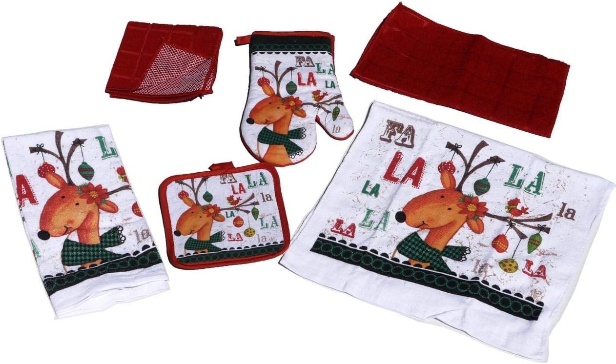 Christmas Kitchen Towels and Dish Cloths Set – Reindeer Holiday Bundle Includes 6 Items with Matching Pot Holder and Oven Mitt, Reindeer